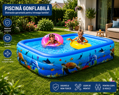 Piscina Gonflabila pentru Copii 260 x 170 x 56 cm, 3 Inele Rezistente, Model Oceanic, Forma Dreptunghiulara
