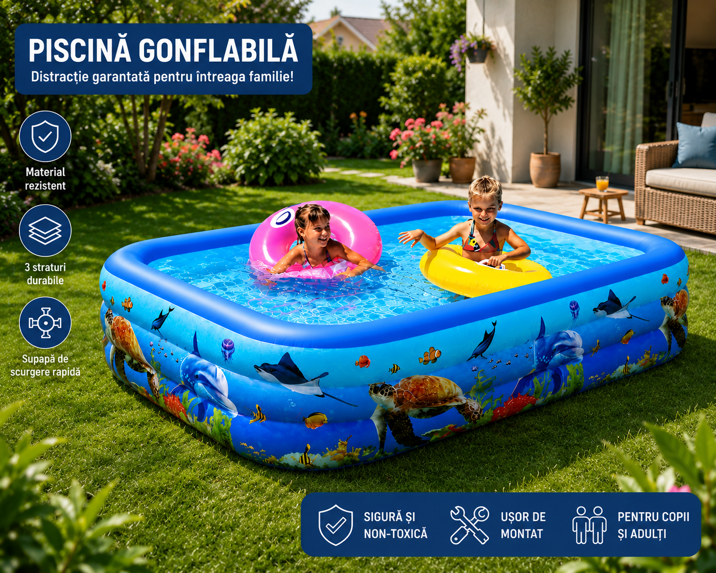 Piscina Gonflabila pentru Copii 210 x 130 x 56 cm, 3 Inele Rezistente, Model Oceanic, Forma Dreptunghiulara