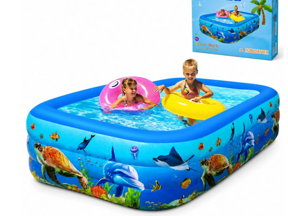 Piscina Gonflabila pentru Copii 260 x 170 x 56 cm, 3 Inele Rezistente, Model Oceanic, Forma Dreptunghiulara
