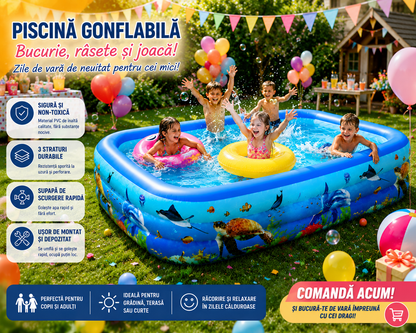 Piscina Gonflabila pentru Copii 260 x 170 x 56 cm, 3 Inele Rezistente, Model Oceanic, Forma Dreptunghiulara