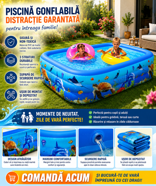 Piscina Gonflabila pentru Copii 300 x 170 x 56 cm, 3 Inele Rezistente, Model Oceanic, Forma Dreptunghiulara