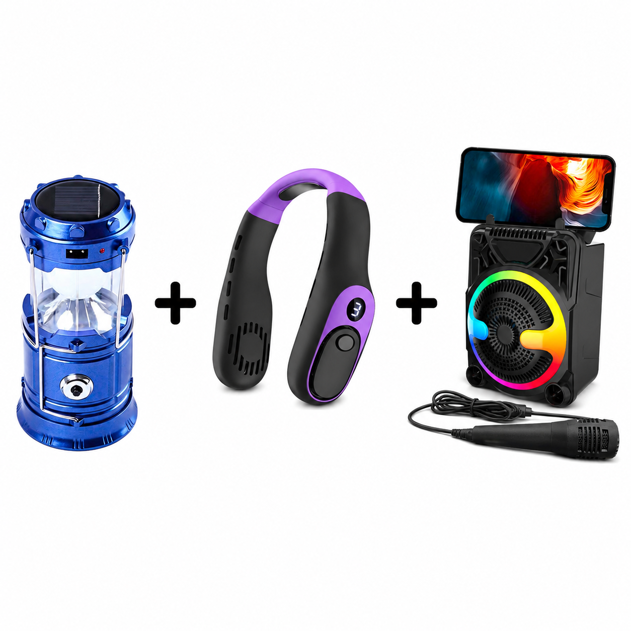 Set Ventilator Portabil De Gat Fara Palete cu 5 Viteze + Felinar Camping Multifunctional  cu Panou Solar si USB + Boxa Bluetooth portabila cu microfon, radio FM si lumini LED, 24W