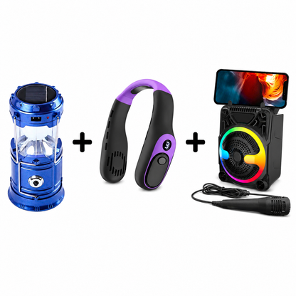 Set Ventilator Portabil De Gat Fara Palete cu 5 Viteze + Felinar Camping Multifunctional  cu Panou Solar si USB + Boxa Bluetooth portabila cu microfon, radio FM si lumini LED, 24W