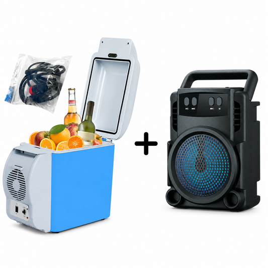 Set Frigider Auto Portabil cu Functie de Racire si Incalzire + Boxa Portabila Bluetooth GTS 1360 cu LED RGB, radio FM si USB