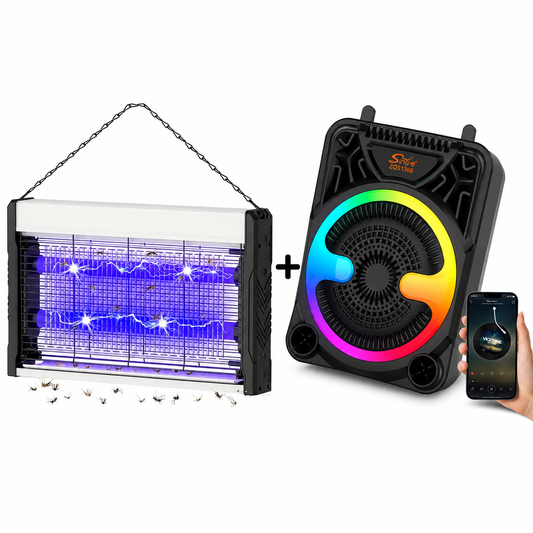 Set Aparat Electric Anti-Insecte 6W Suspendabil + Boxa Bluetooth portabila cu microfon, radio FM si lumini LED, 24W