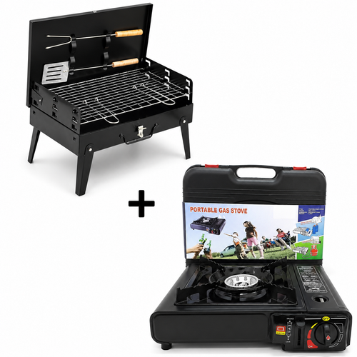 Set Aragaz Portabil Camping, Aprindere Automata, Alimentare prin Cartus Gaz + Gratar Pliabil Tip Valiza din Otel cu Capac si Accesorii
