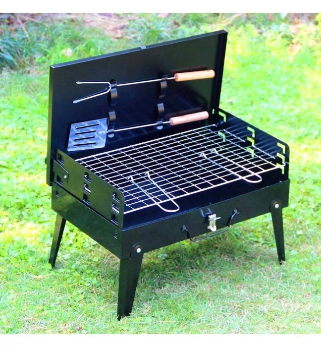 Set Aragaz Portabil Camping, Aprindere Automata, Alimentare prin Cartus Gaz + Gratar Pliabil Tip Valiza din Otel cu Capac si Accesorii