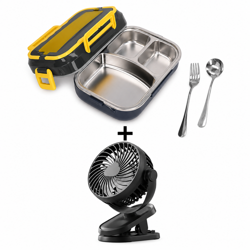 Cutie Electrica pentru Pranz, 1.5 Litri, din Oțel Inoxidabil, 220V/12V-24V + Mini Ventilator LI Silentios cu Clema cu 3 Trepte de Viteza
