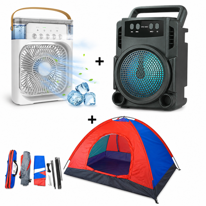 Set Cort pentru Camping cu Plasa pentru Insecte 200 x 120 x 110 cm + Ventilator cu Apa și Umidificator 3 in 1 + Boxa Portabila Bluetooth GTS 1360 cu LED RGB