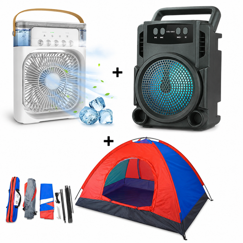 Set Cort pentru Camping cu Plasa pentru Insecte 200 x 120 x 110 cm + Ventilator cu Apa și Umidificator 3 in 1 + Boxa Portabila Bluetooth GTS 1360 cu LED RGB