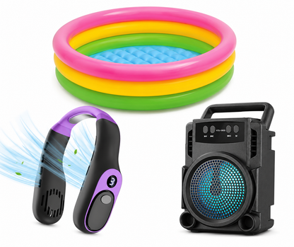 Set Piscina Copii Gonflabila cu 3 Inele, 86x25 cm + Ventilator Portabil De Gat cu 5 Viteze + Boxa Portabila Bluetooth GTS 1360 cu LED RGB
