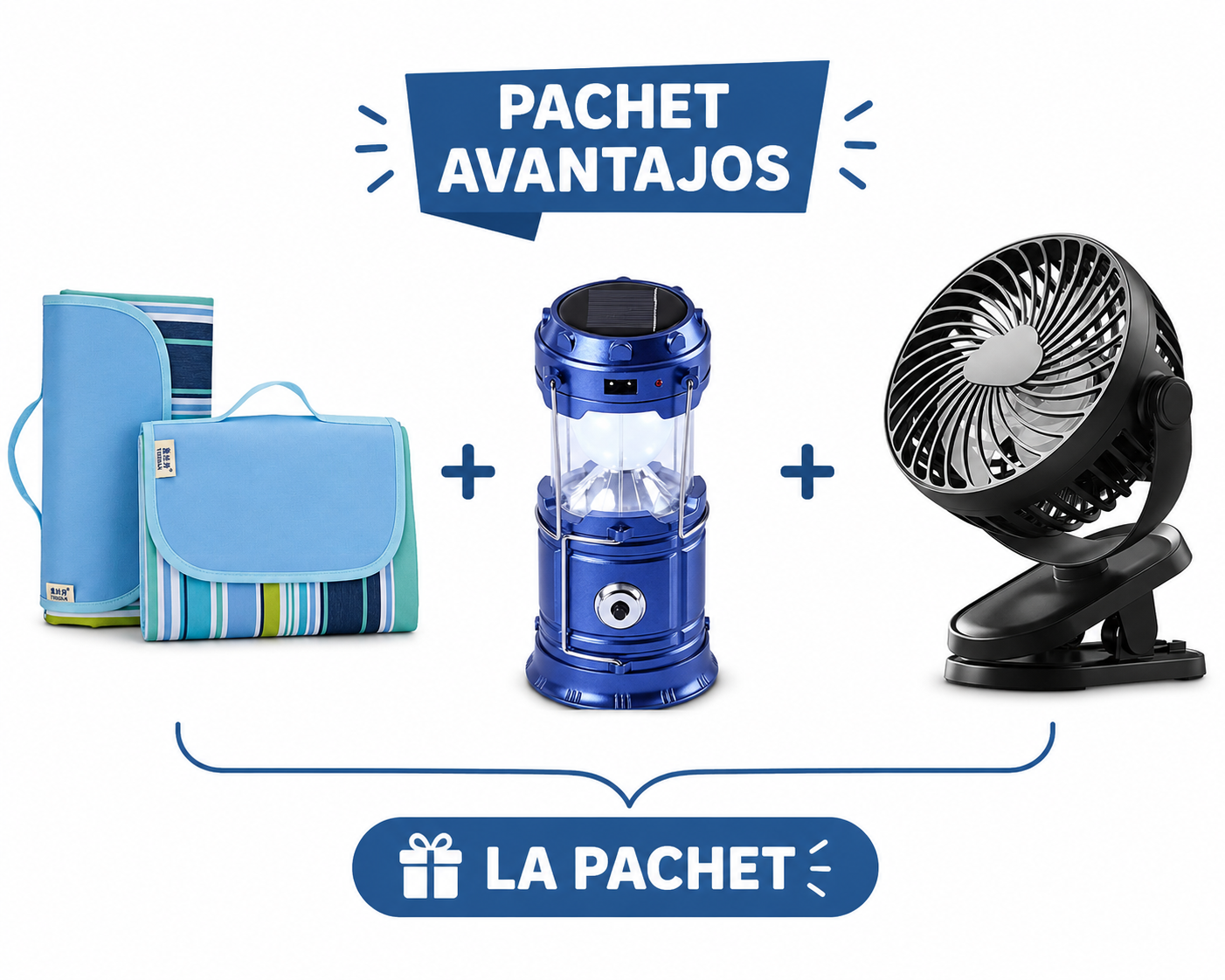 Set Patura pentru Picnic sau Plaja, Pliabila, Impermeabila, 150 x 200cm + Mini Ventilator LI Silentios cu Clema si 3 Trepte de Viteza + Felinar Camping Multifunctional  cu Panou Solar si USB