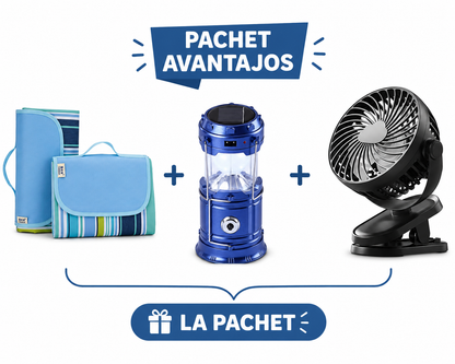 Set Patura pentru Picnic sau Plaja, Pliabila, Impermeabila, 150 x 200cm + Mini Ventilator LI Silentios cu Clema si 3 Trepte de Viteza + Felinar Camping Multifunctional  cu Panou Solar si USB