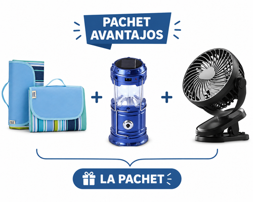 Set Patura pentru Picnic sau Plaja, Pliabila, Impermeabila, 150 x 200cm + Mini Ventilator LI Silentios cu Clema si 3 Trepte de Viteza + Felinar Camping Multifunctional  cu Panou Solar si USB