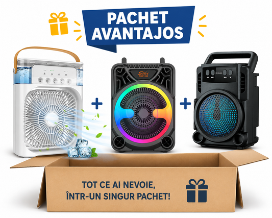 Set Ventilator cu Apa si Umidificator 3 in 1 + Boxa Portabila Bluetooth GTS 1360 cu LED RGB + Boxa Bluetooth portabila cu microfon, radio FM si lumini LED