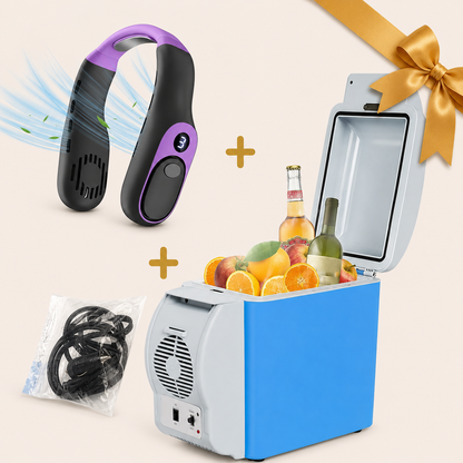 Set Frigider Auto Portabil cu Functie de Racire si Incalzire + Ventilator Portabil De Gat cu 5 Viteze