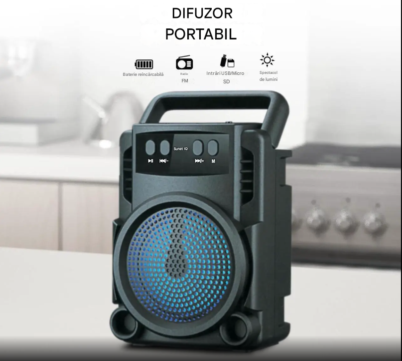 Set Cutie Electrica pentru Pranz, 1.5 Litri, 220V/12V-24V + Aragaz Portabil Camping,  Alimentare prin Cartus Gaz + Boxa Portabila Bluetooth GTS 1360 cu LED RGB