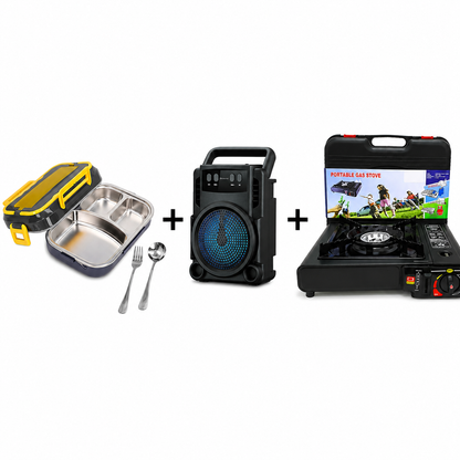 Set Cutie Electrica pentru Pranz, 1.5 Litri, 220V/12V-24V + Aragaz Portabil Camping,  Alimentare prin Cartus Gaz + Boxa Portabila Bluetooth GTS 1360 cu LED RGB