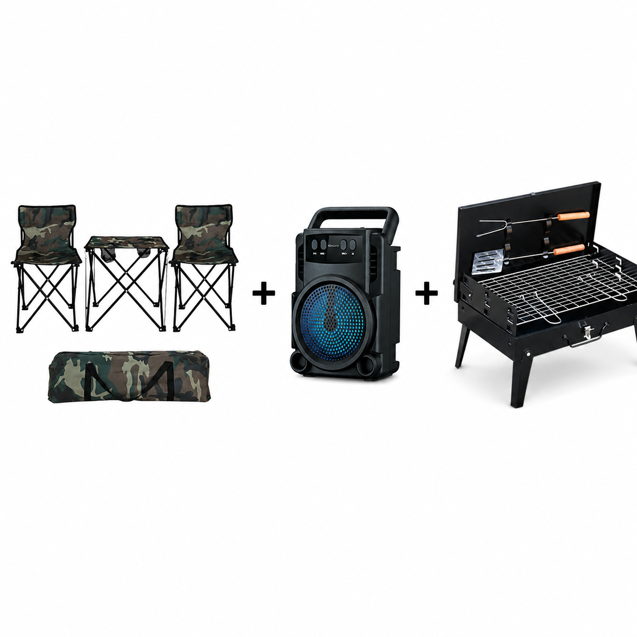 Set Camping Pliabil 3 Piese – 2 Scaune si Masuta Camuflaj cu Geanta Transport + Gratar Pliabil Tip Valiza din Otel + Boxa Portabila Bluetooth GTS 1360 cu LED RGB