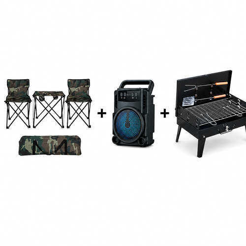 Set Camping Pliabil 3 Piese – 2 Scaune si Masuta Camuflaj cu Geanta Transport + Gratar Pliabil Tip Valiza din Otel + Boxa Portabila Bluetooth GTS 1360 cu LED RGB