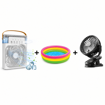 Set Ventilator cu Apa și Umidificator 3 in 1 + Piscina Copii Gonflabila cu 3 Inele, 86x25 cm + Mini Ventilator LI Silentios cu Clema si 3 Trepte de Viteza