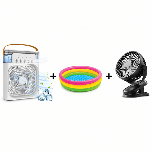 Set Ventilator cu Apa și Umidificator 3 in 1 + Piscina Copii Gonflabila cu 3 Inele, 86x25 cm + Mini Ventilator LI Silentios cu Clema si 3 Trepte de Viteza