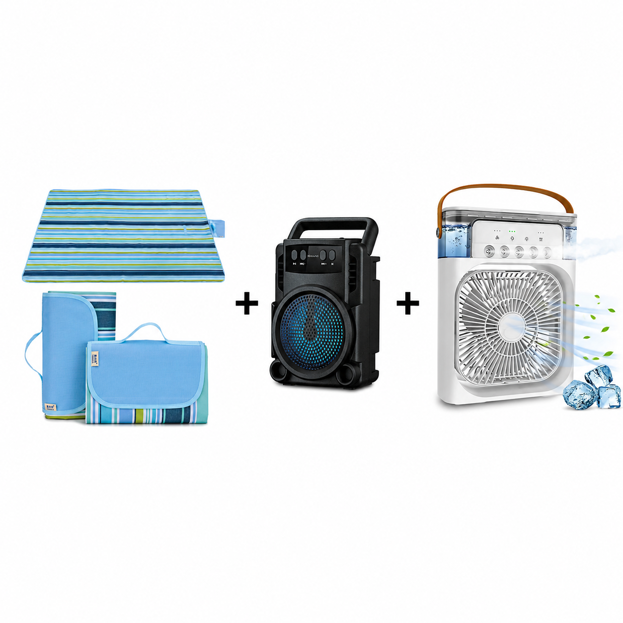 Set Patura pentru Picnic sau Plaja, Pliabila, Impermeabila, 150 x 200cm + Ventilator cu Apa și Umidificator 3 in 1+ Boxa Portabila Bluetooth GTS 1360 cu LED RGB