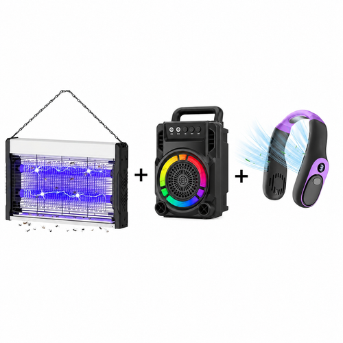 Set Aparat Electric Anti-Insecte 6W Suspendabil + Ventilator Portabil De Gat cu 5 Viteze + Boxa Bluetooth portabila cu microfon, radio FM si lumini LED, 24W