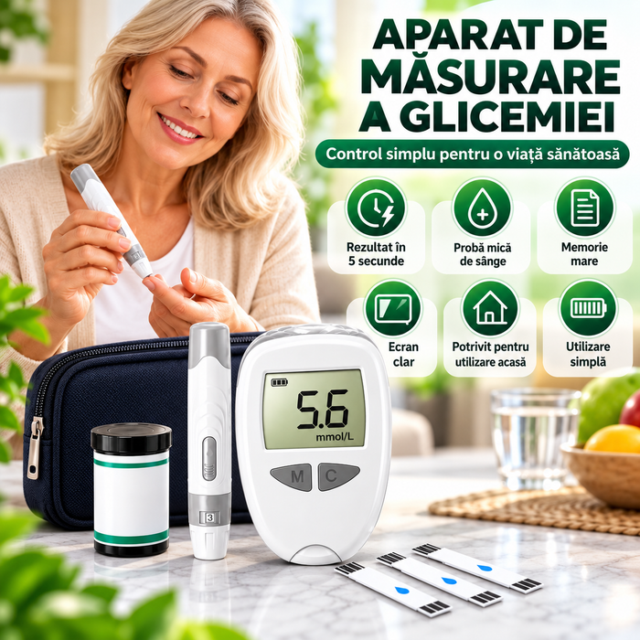 Aparat de Masurare a Glicemiei cu Stilou de Intepare, Lancete si Benzi de Testare, Rezultat in 5 Secunde, Memorie