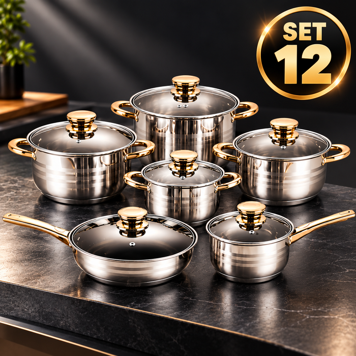 Set 12 Piese Oale si Tigai din Inox Premium, Baza Multistrat, Capace din Sticla, Compatibile cu Inductie si Gaz