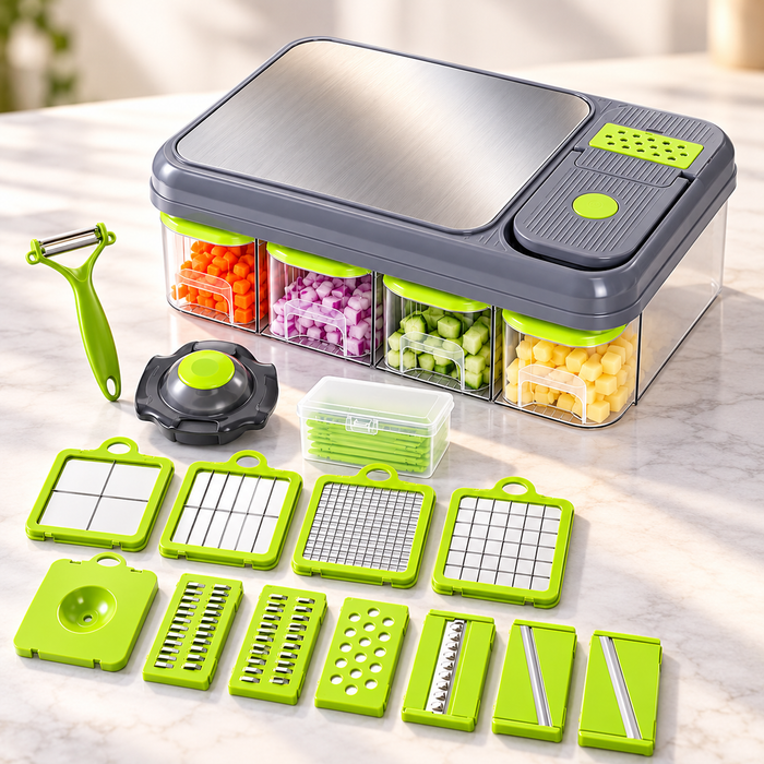 Razatoare Multifunctionala, Set 28 Piese, Tocator Legume si Feliator cu Lame din Inox