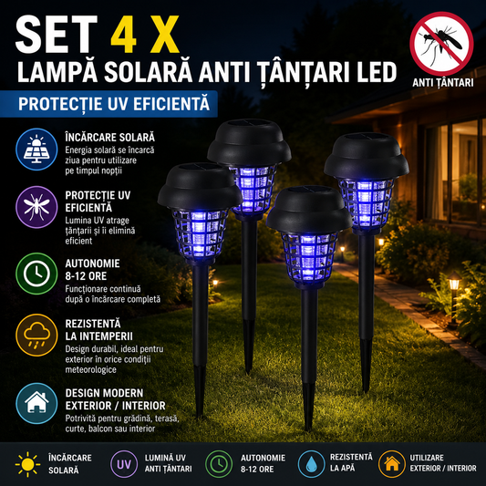 Set 4 x Lampa Solara Anti Tantari LED, Protectie UV Eficienta, Autonomie 8-12h, Design Modern Exterior Interior