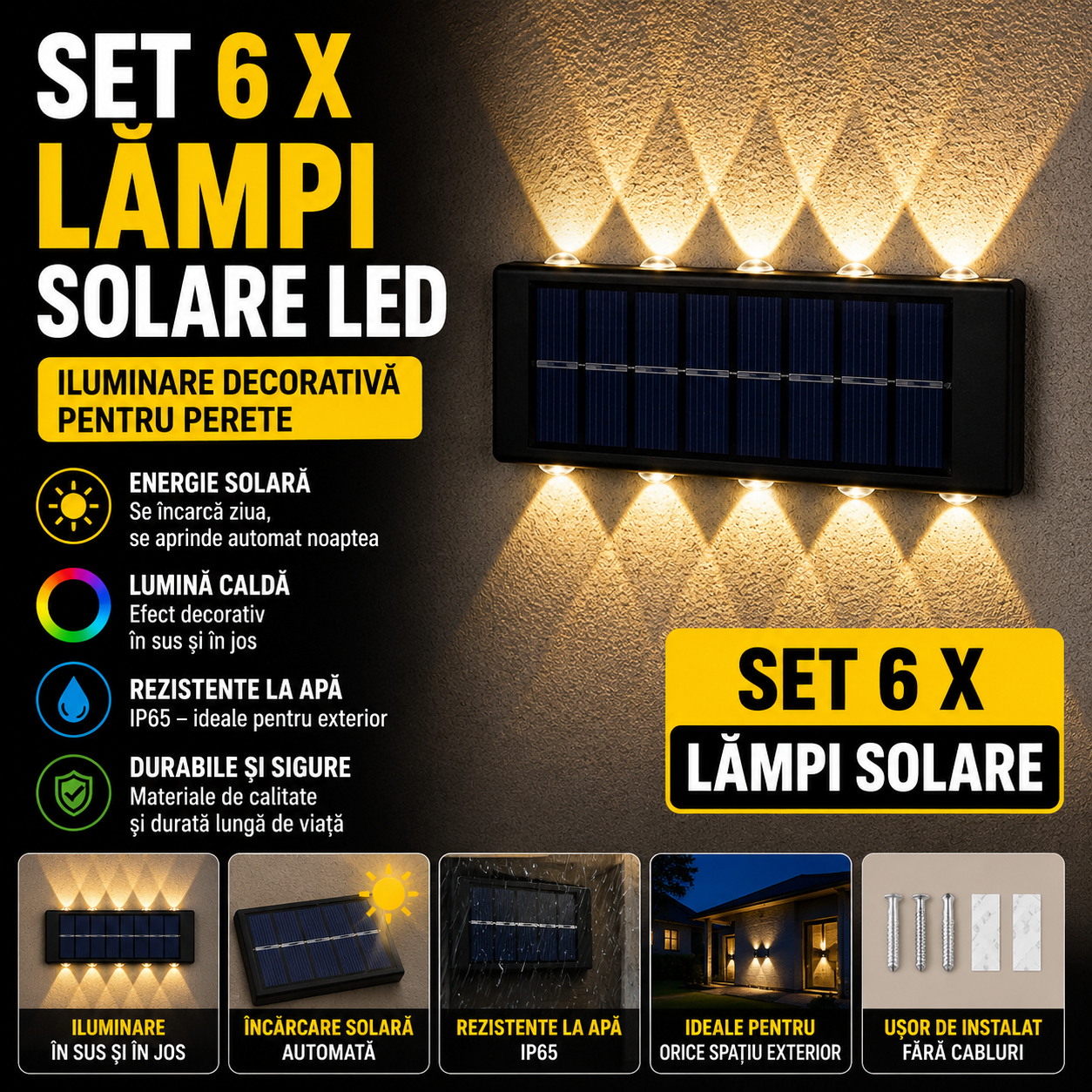 Set 6 x Lampi Solare LED Perete Iluminare Sus Jos 12 LED Rezistente La Apa Alimentare Solara Automata