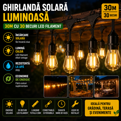Ghirlanda Solara Luminoasa 30m cu 30 Becuri LED Filament – IP65, Lumina Calda 3000K, Incarcare Solara si USB, Iluminare Extinsa