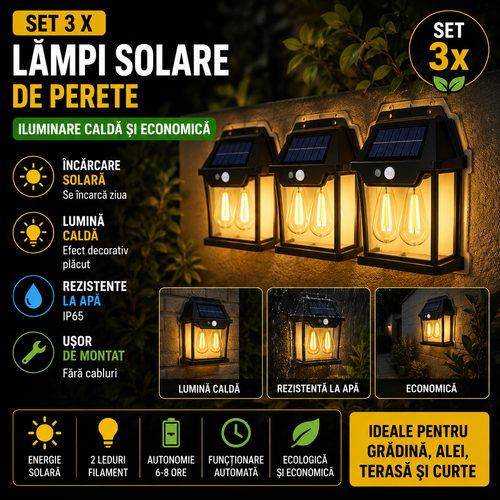 Set 3 x Lampa cu Incarcare Solara, Senzor de Miscare, Model cu 2 Becuri