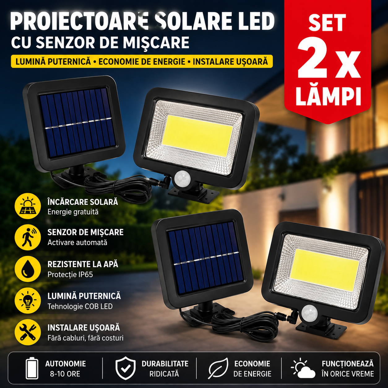 Set 2 x Lampa solara Led SL-F100 cu senzor de miscare