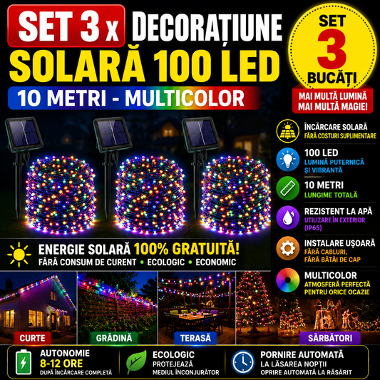 Set 3 x Decoratiune Solara 100 LED, 10 Metri Multicolor – Iluminat Decorativ Exterior cu Panou Solar, Rezistente la Intemperii