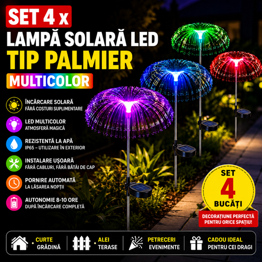 Set 4 x Lampa solara tip meduza, fibra optica LED RGB, 60 cm, rezistenta la apa