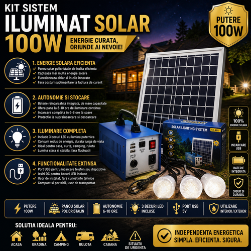 Kit cu panou solar, 100 W, 220V, alimentare TV, 3 becuri, 12 volti
