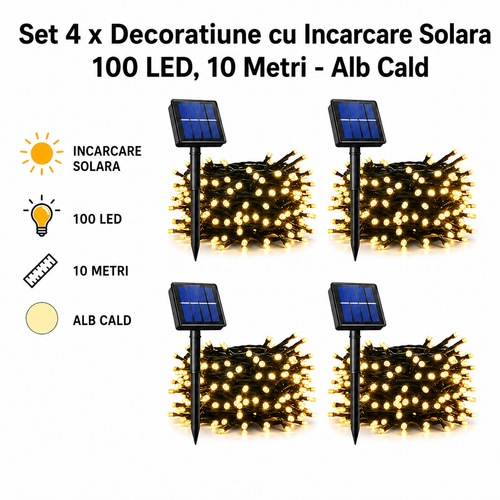 Set 4 x Decoratiune cu Incarcare Solara 100 LED, 10 Metri - Alb Cald