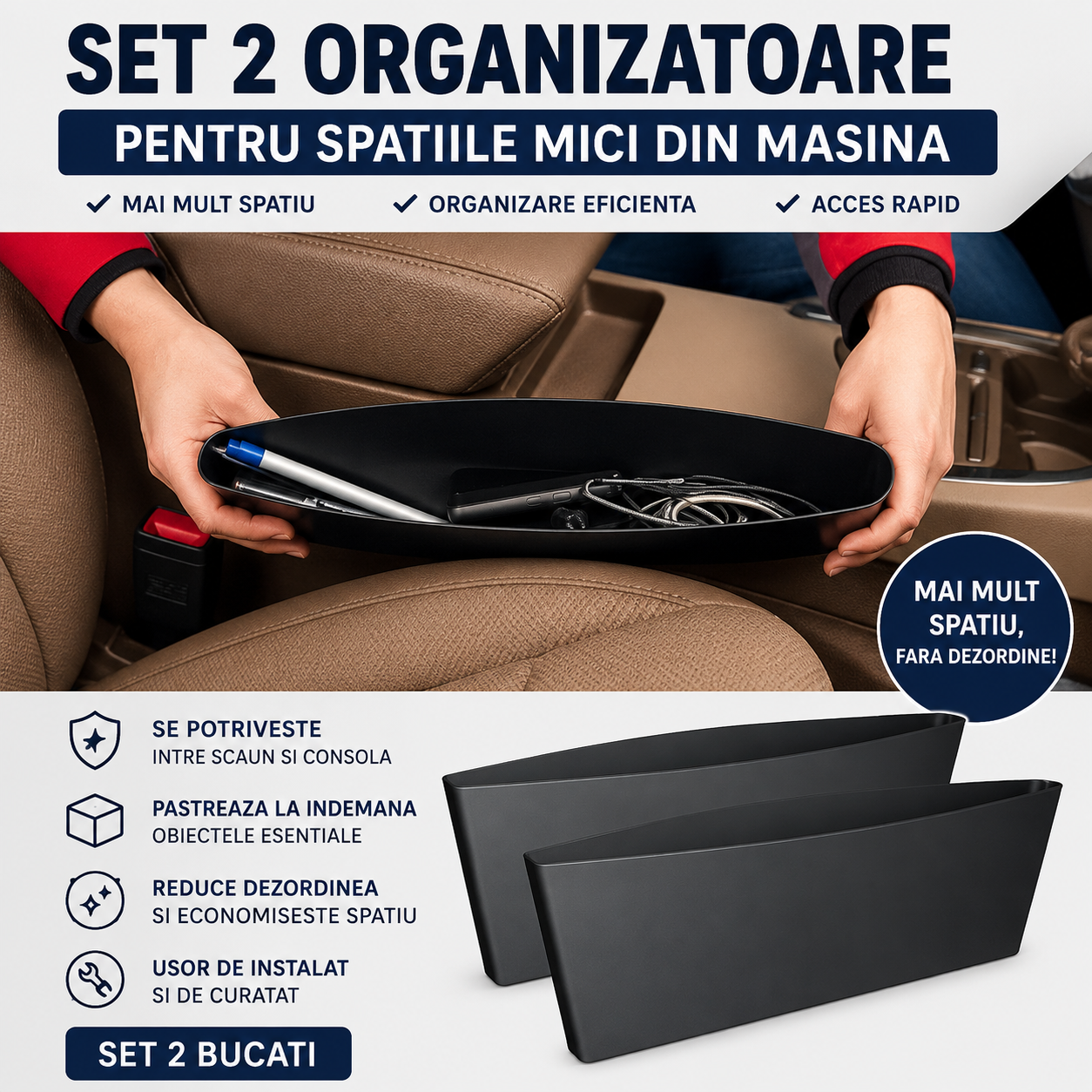 Set 2 x Organizatoare Pentru Spatiile Mici Din Masina, Depozitare Intre Scaun Si Consola, Montaj Rapid
