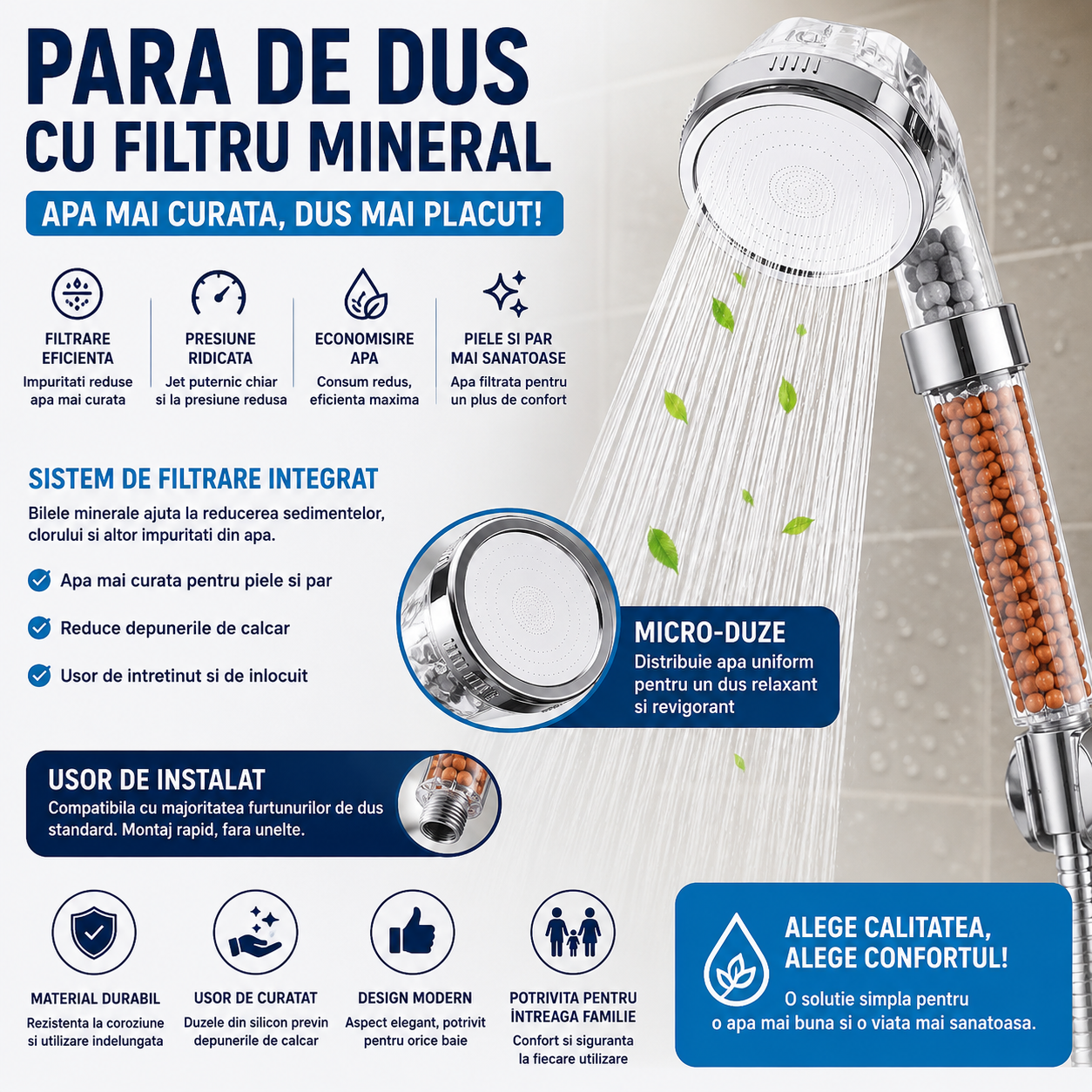 Para de Dus cu Granule Anticalcar cu Presiune Ridicata, Sistem de Filtrare a Apei