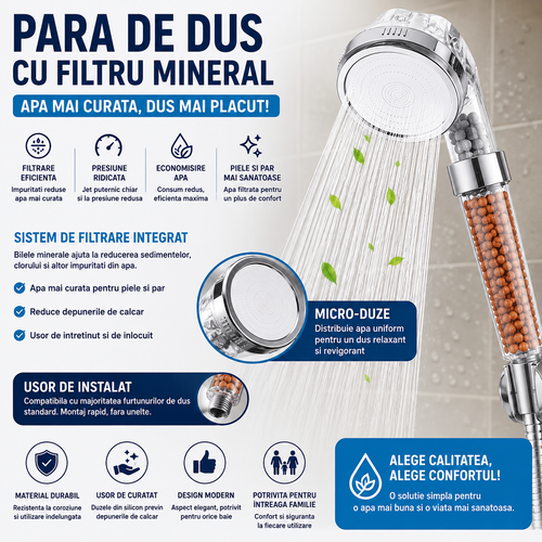 Para de Dus cu Granule Anticalcar cu Presiune Ridicata, Sistem de Filtrare a Apei