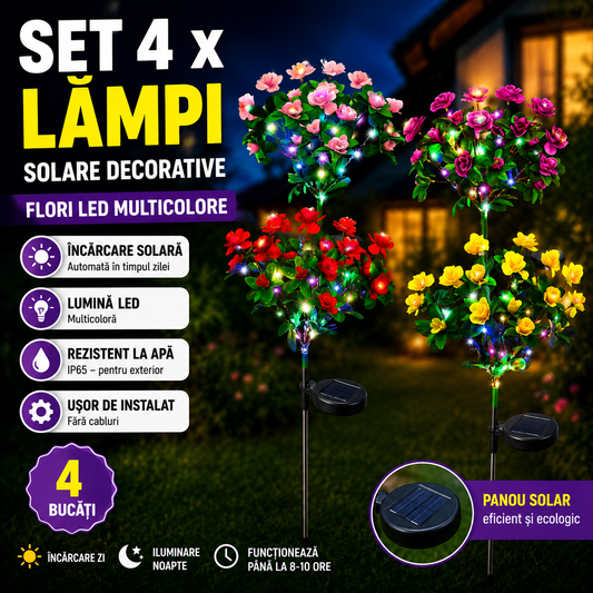 Set 4 x Lampi Solare Flori Azalee, Rezistente La Apa IP65, Iluminare Automata Exterior Gradina, Diverse Culori