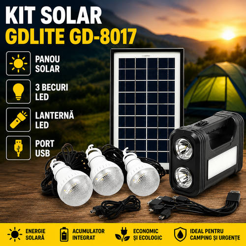 Kit cu panou solar, lanterna, 3 becuri, USB, GDLite GD-8017