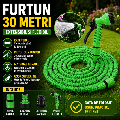 Furtun Extensibil 30m cu Pistol Multifunctional 7 Moduri de Stropire – Furtun Gradina Flexibil, Compact, Rezistent