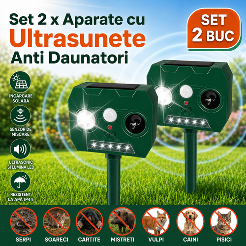 Set 2 x Aparat Solar cu Ultrasunete Anti Animale si Pasari, Senzor PIR, LED Stroboscopic, IP44, 2 Moduri, Montaj Exterior, Verde