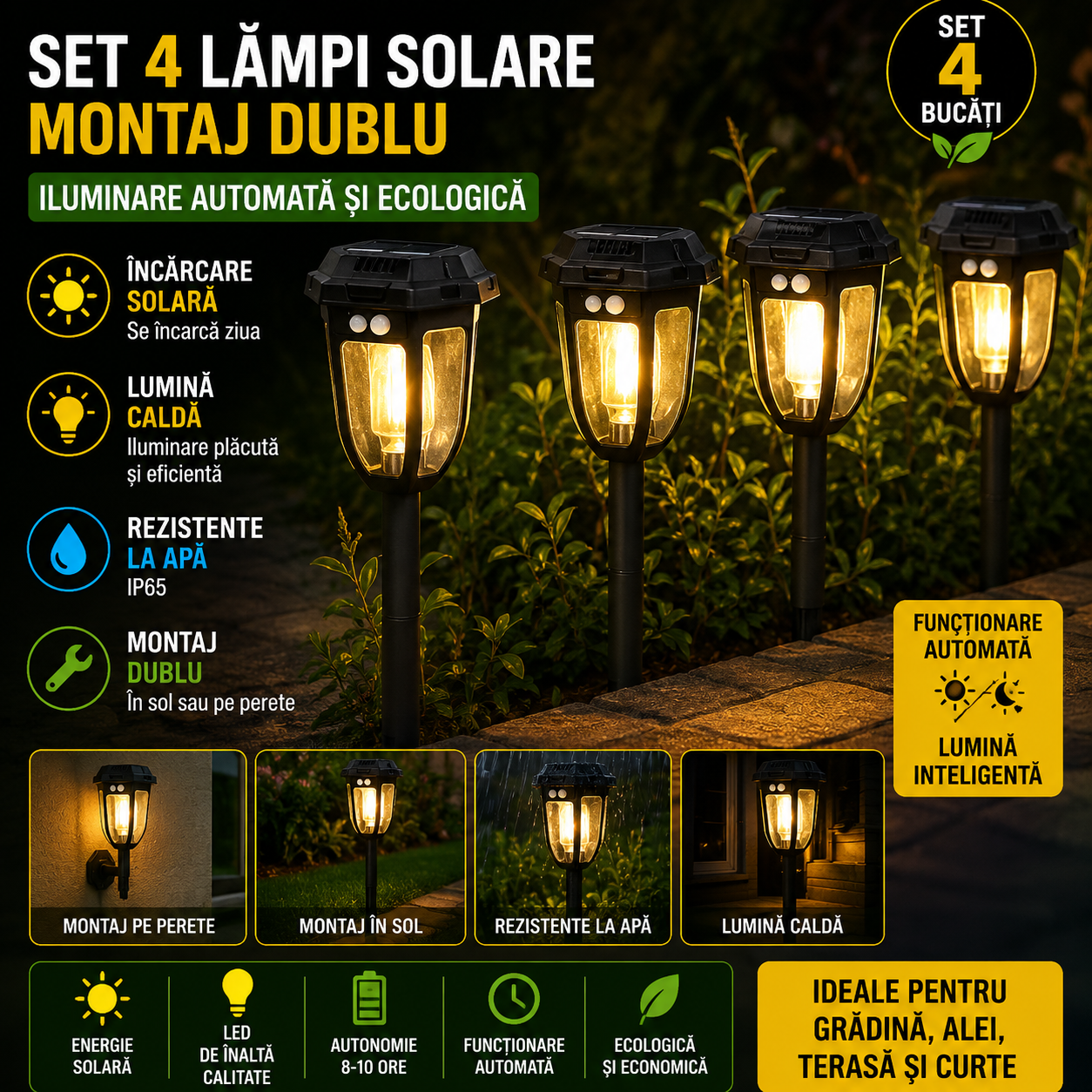 Set 4 Lampi Solare, Montaj dublu,  Perfecte pentru Perete, Gard, Alei și Sol, Senzor de Miscare