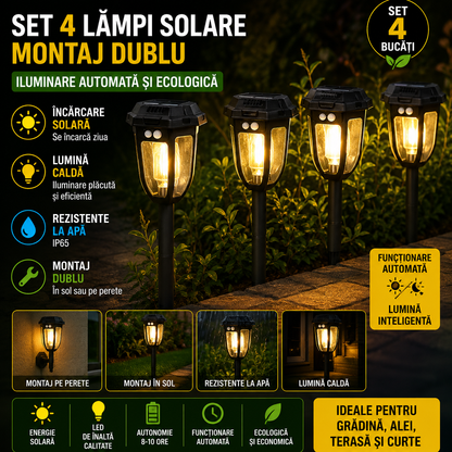 Set 4 Lampi Solare, Montaj dublu,  Perfecte pentru Perete, Gard, Alei și Sol, Senzor de Miscare