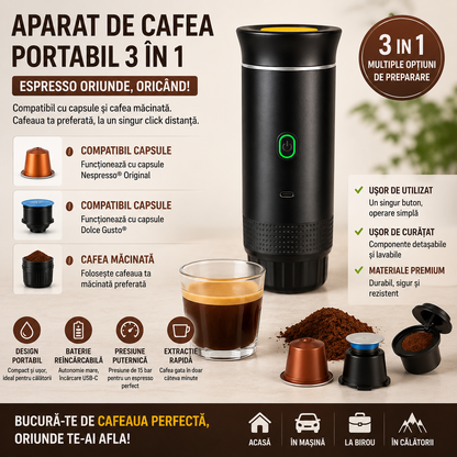 Aparat de Cafea Portabil 3 in 1, Compatibil Capsule si Cafea Macinata, Presiune 20 bari, Incalzire Rapida, Baterie 7500 mAh, Reincarcare USB